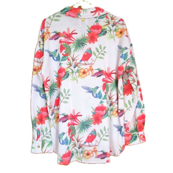 Hopper Island Women's Blouse White Tropical Print with Hummingbirds Size Small - Picture 2 of 6
